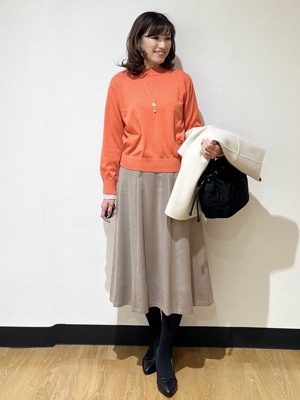 ayaさんの「Reflect｜【秋映え／重ね着風スタイルに◎】フリルプリーツスリーブニット」を使ったコーディネート