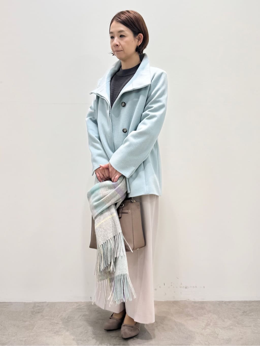 koyaさんの「Reflect｜【SS-4Lサイズ／衿が顔に当たらない◎】スタンドネックミドルコート」を使ったコーディネート