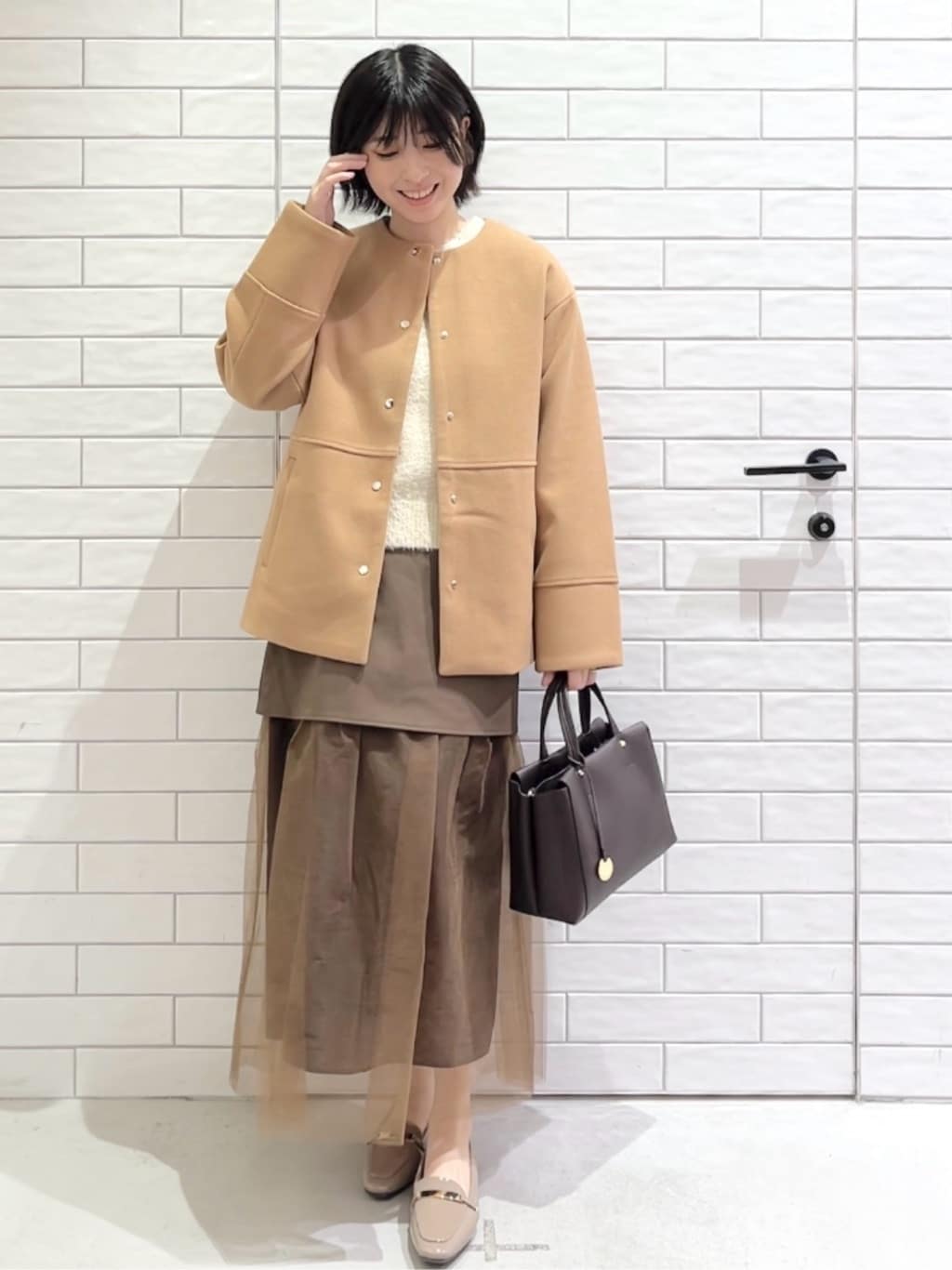 しおりさんの「OPAQUE.CLIP｜ウールライクメルトンノーカラーコート【洗濯機洗い可】」を使ったコーディネート