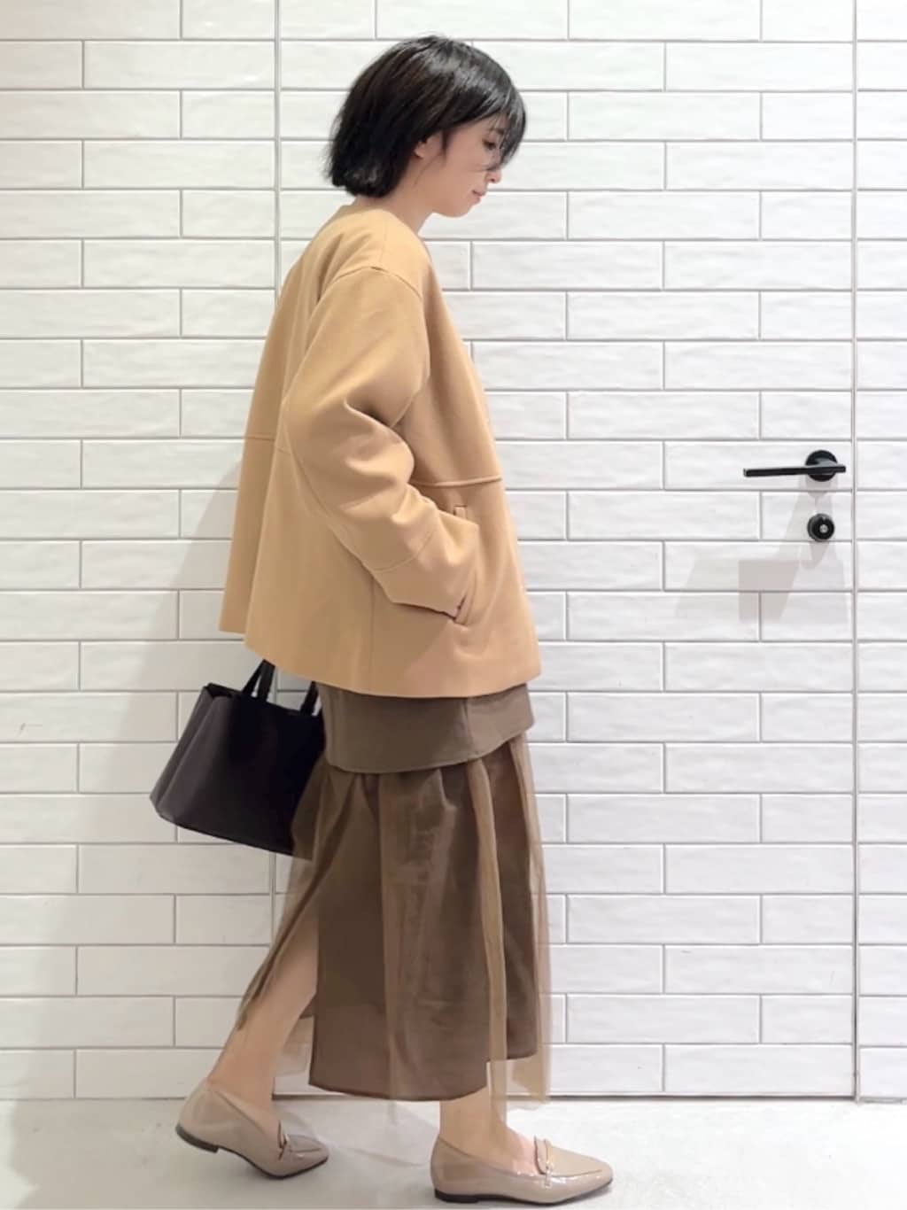 しおりさんの「OPAQUE.CLIP｜ウールライクメルトンノーカラーコート【洗濯機洗い可】」を使ったコーディネート
