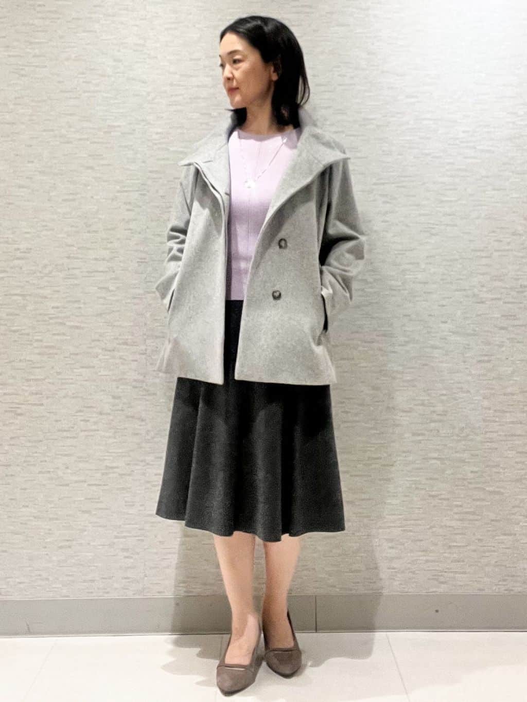 marikoさんの「Reflect｜【SS-4Lサイズ／衿が顔に当たらない◎】スタンドネックミドルコート」を使ったコーディネート