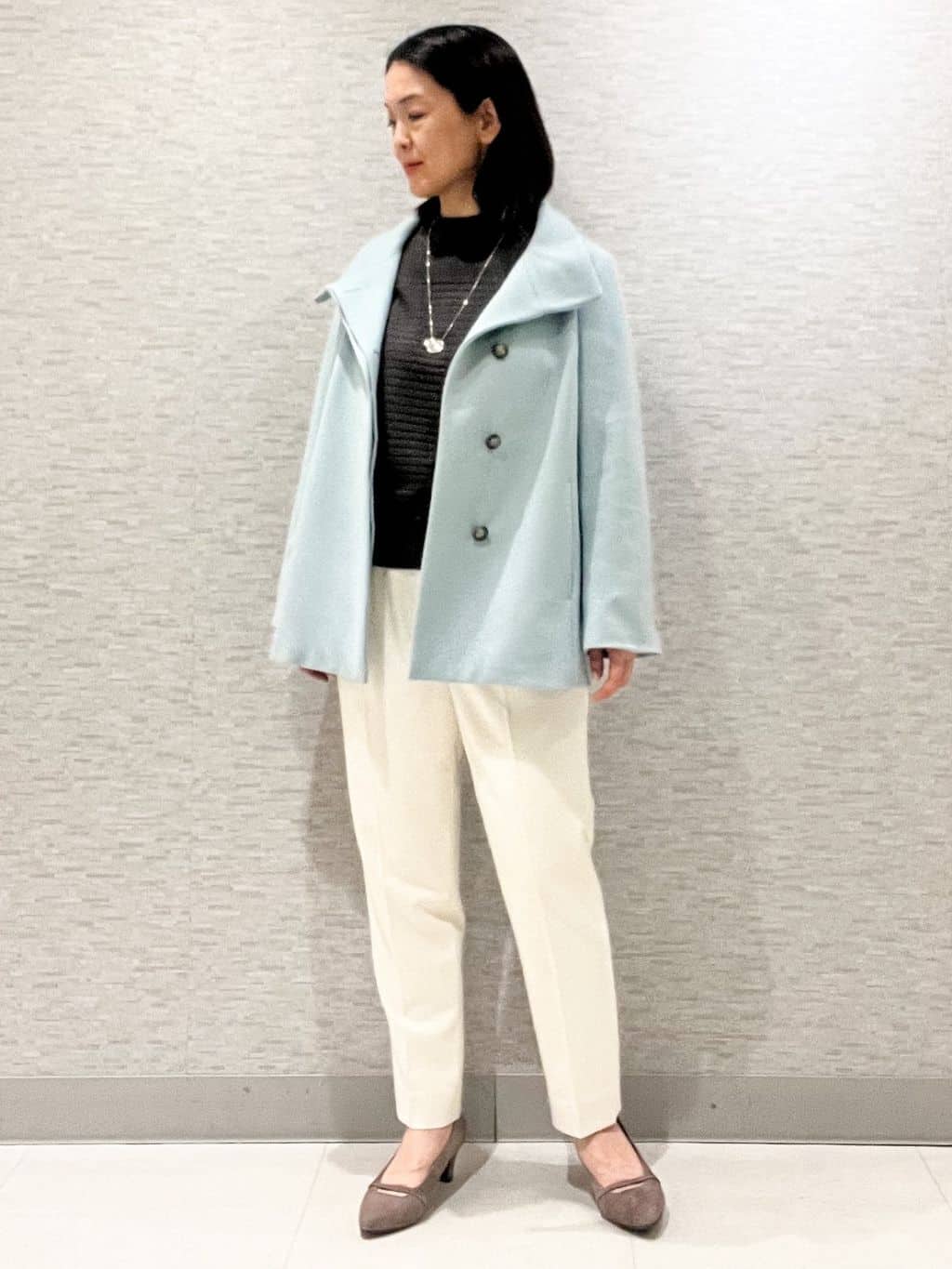 marikoさんの「Reflect｜【SS-4Lサイズ／衿が顔に当たらない◎】スタンドネックミドルコート」を使ったコーディネート