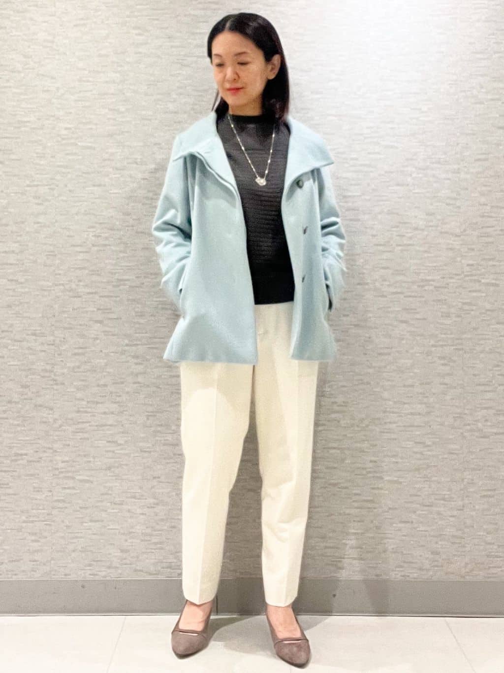 marikoさんの「Reflect｜【SS-4Lサイズ／衿が顔に当たらない◎】スタンドネックミドルコート」を使ったコーディネート