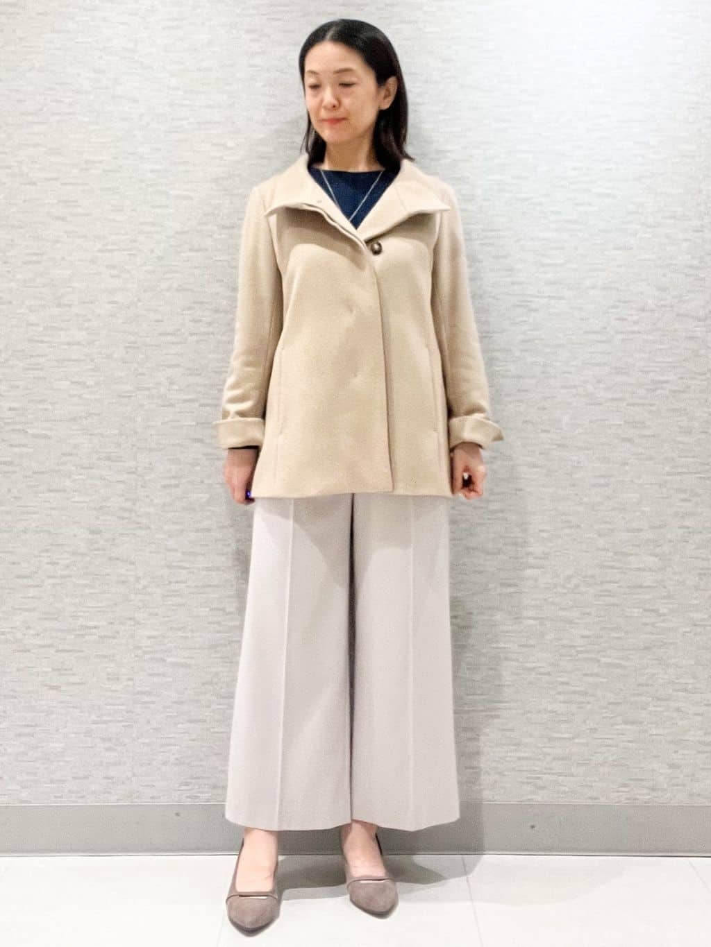 marikoさんの「Reflect｜【SS-4Lサイズ／衿が顔に当たらない◎】スタンドネックミドルコート」を使ったコーディネート