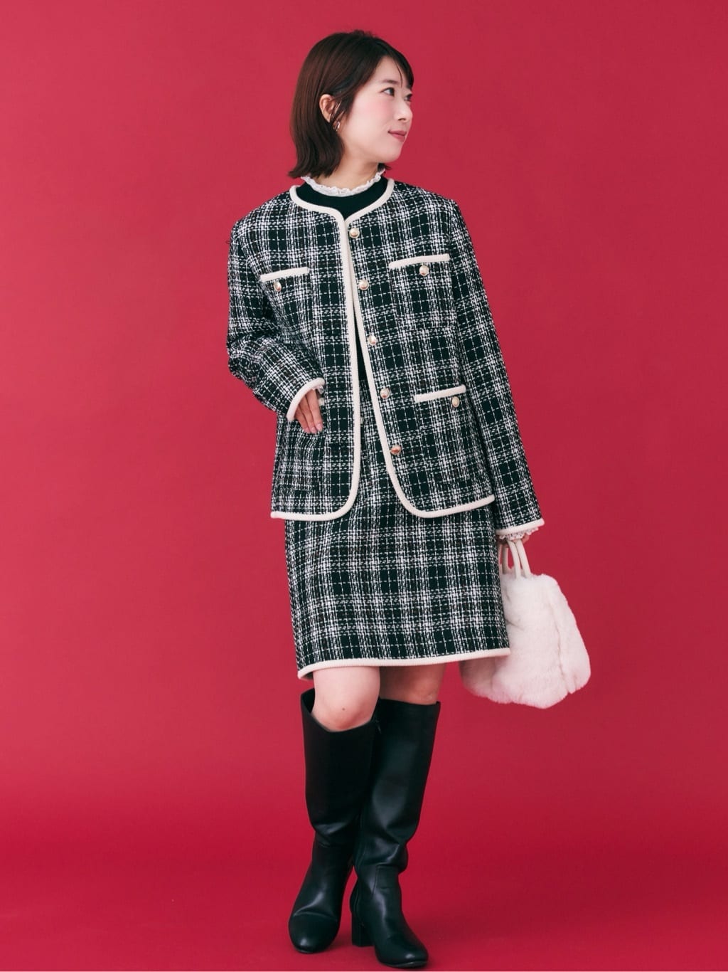 RINAさんの「OPAQUE.CLIP｜チェックツイードジャケットコート／セットアップ対応【洗える】」を使ったコーディネート
