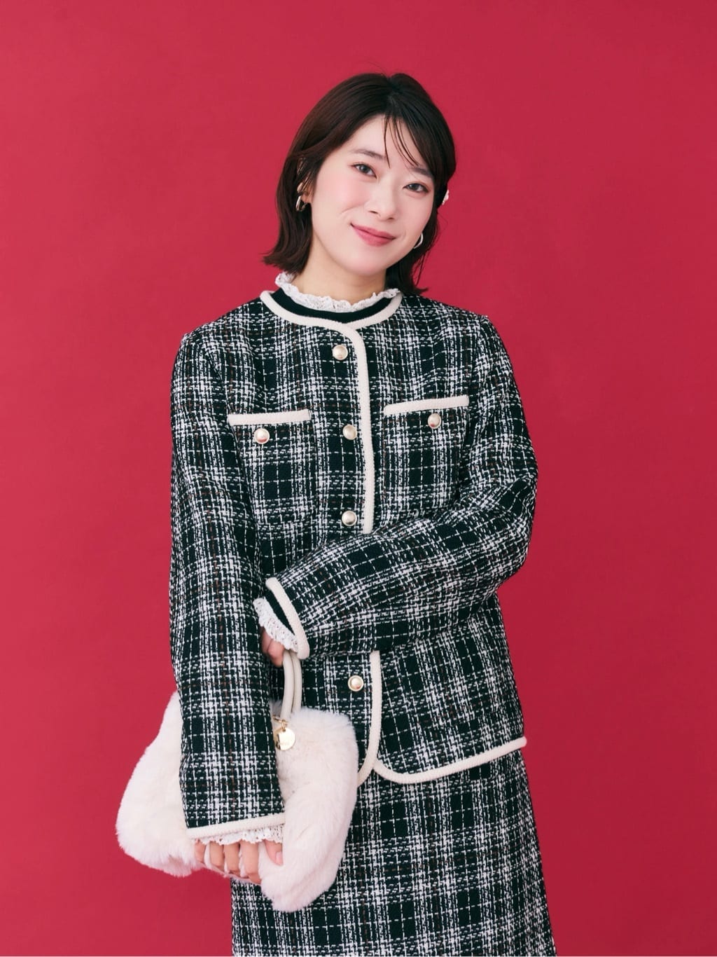 RINAさんの「OPAQUE.CLIP｜チェックツイードジャケットコート／セットアップ対応【洗える】」を使ったコーディネート