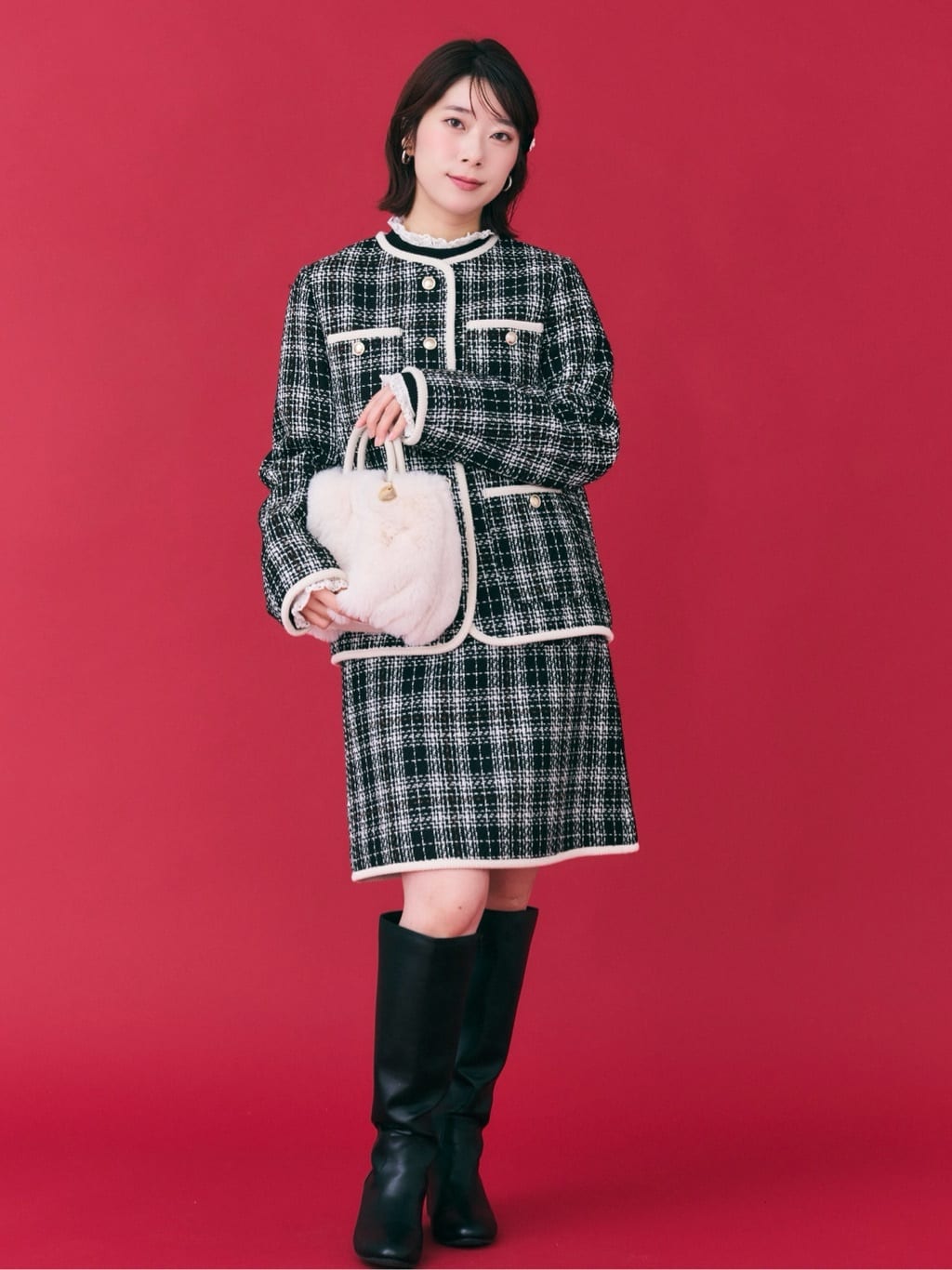 RINAさんの「OPAQUE.CLIP｜チェックツイードジャケットコート／セットアップ対応【洗える】」を使ったコーディネート