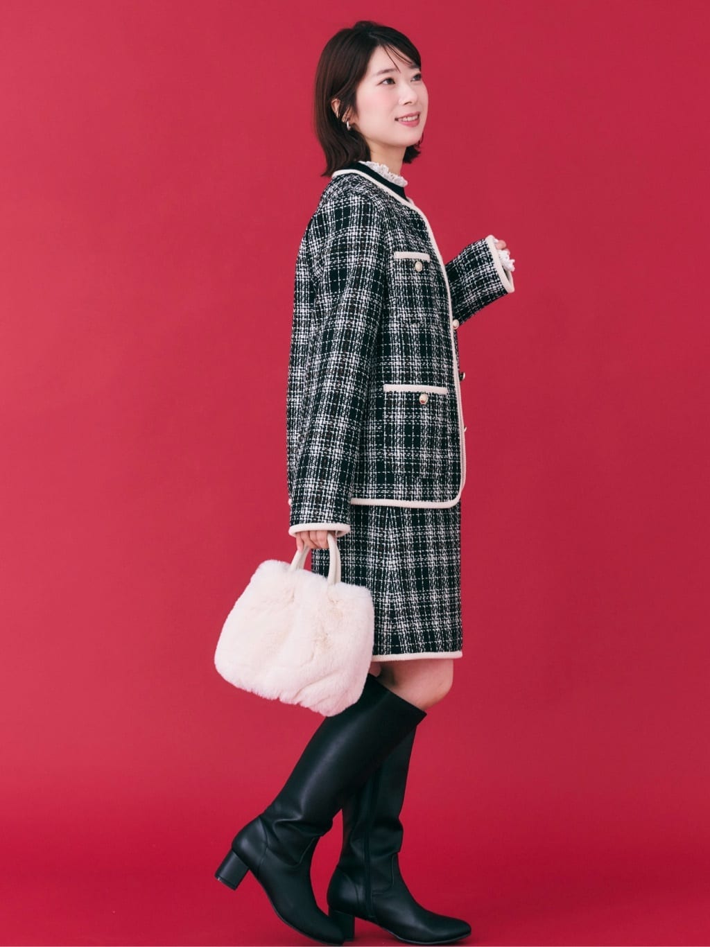 RINAさんの「OPAQUE.CLIP｜チェックツイードジャケットコート／セットアップ対応【洗える】」を使ったコーディネート