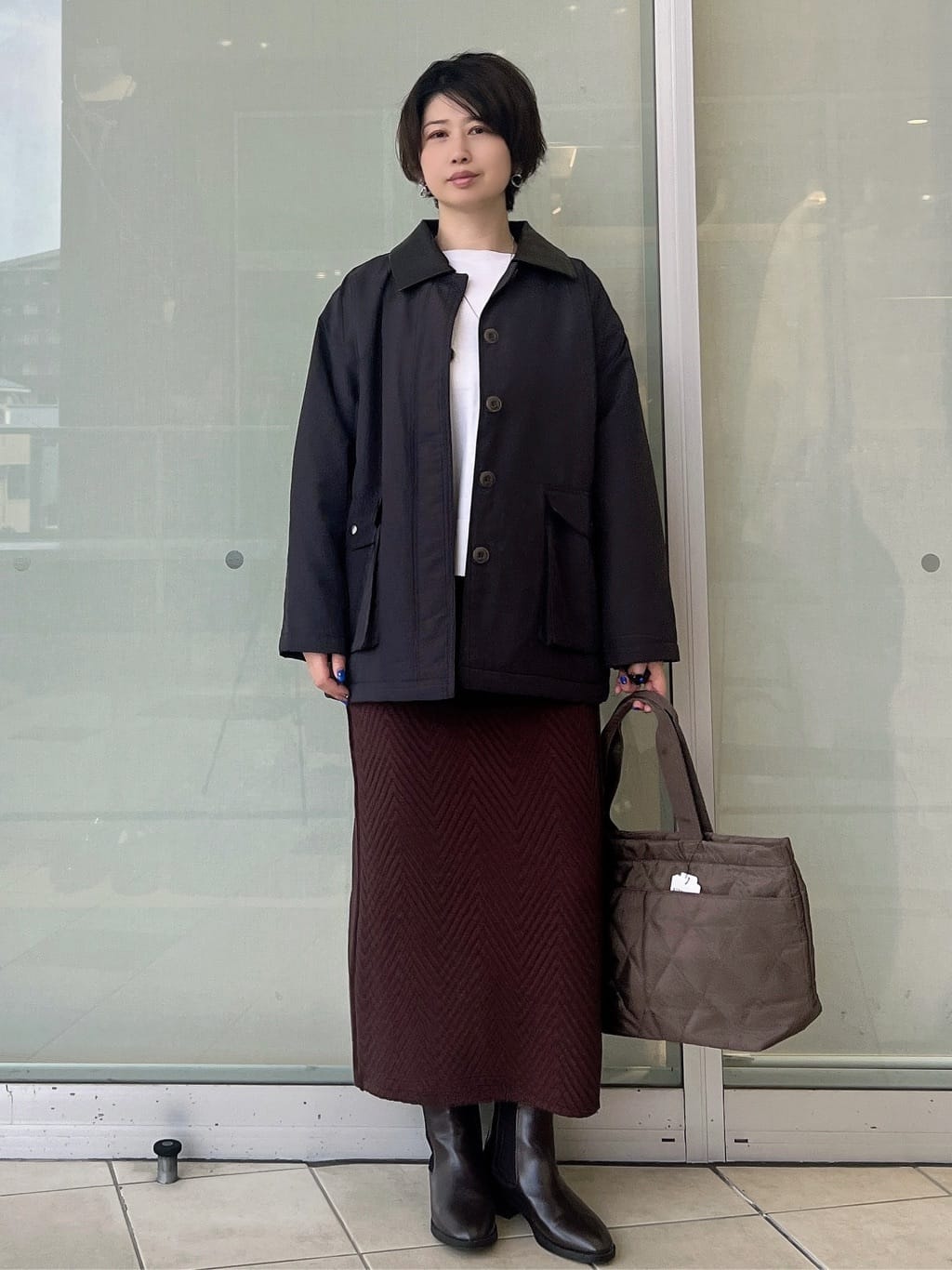 yo-koさんの「OPAQUE.CLIP｜《CLASSY掲載》ステンカラー中綿コート【洗濯機OK】」を使ったコーディネート