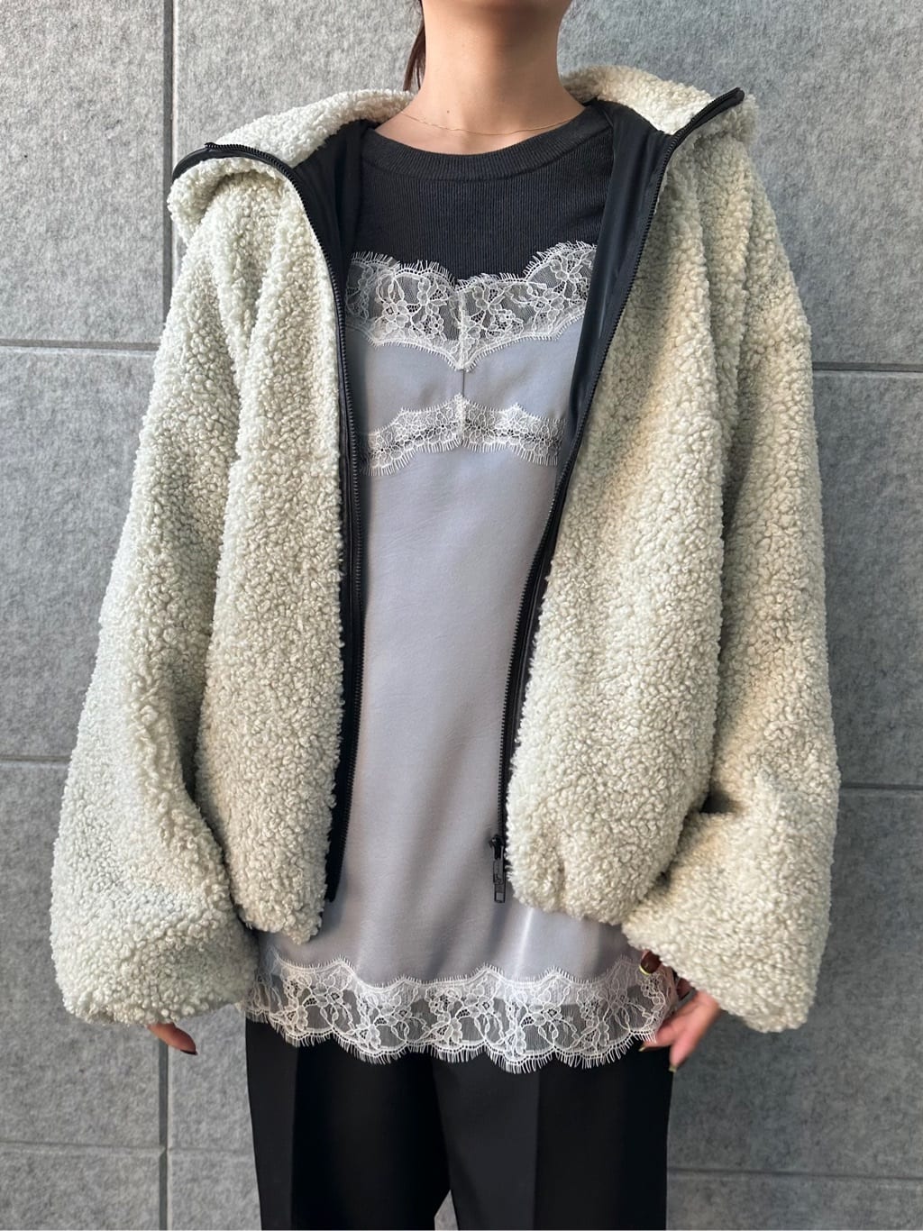harunaさんの「CODE A｜boa hoodie blouson」を使ったコーディネート