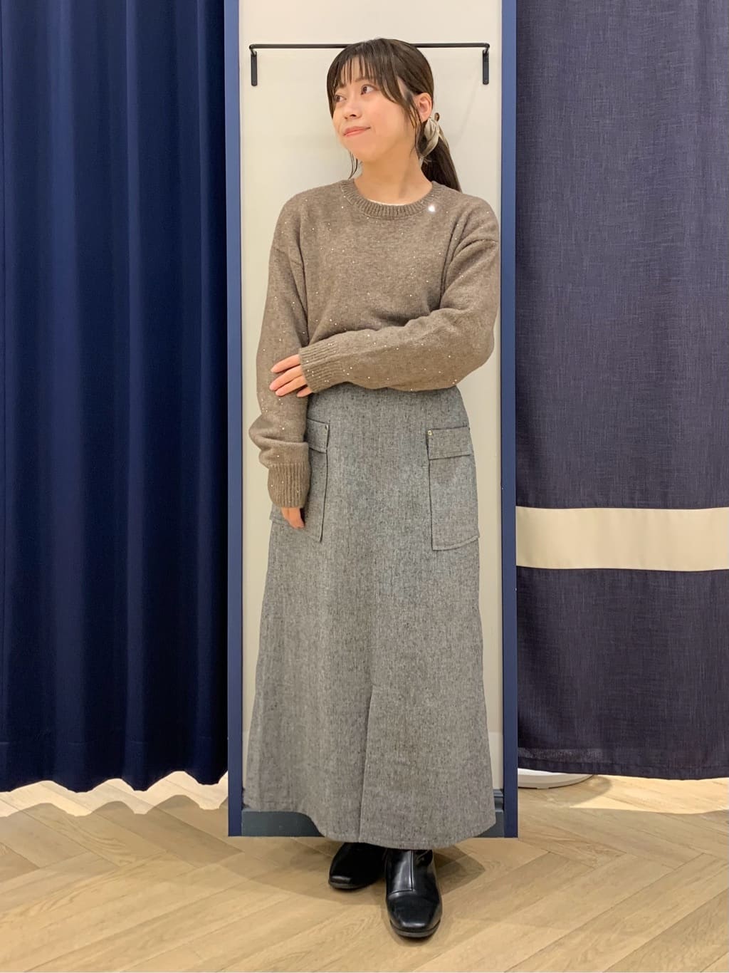 mokaさんの「grove｜華やぎ冬ニット　ミニスパンコールフェザーニット」を使ったコーディネート