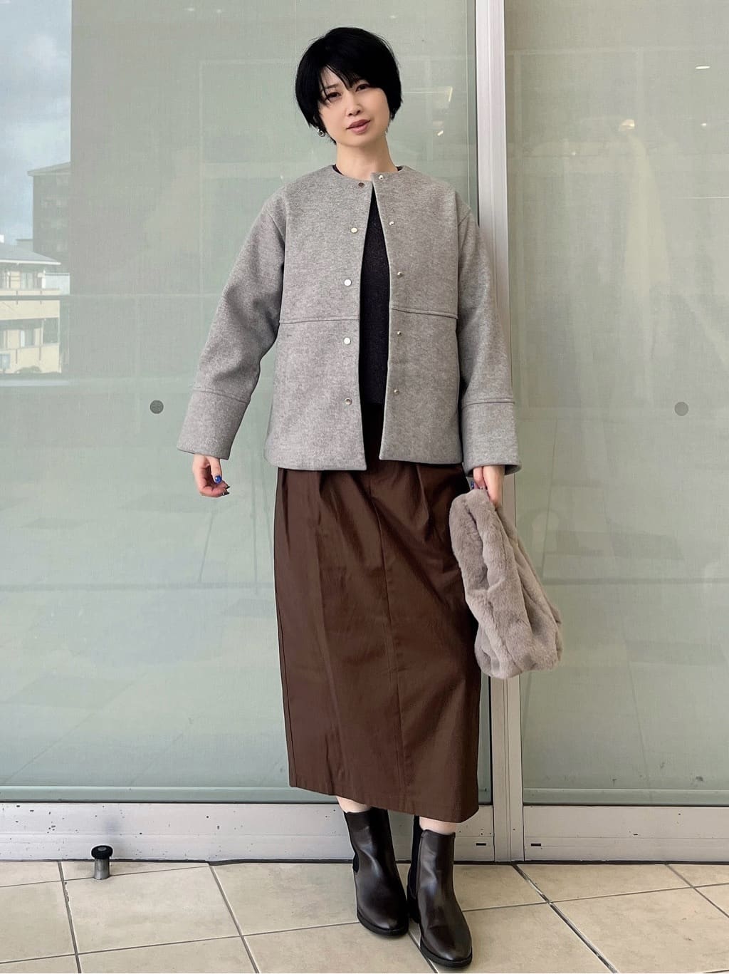 yo-koさんの「OPAQUE.CLIP｜ウールライクメルトンノーカラーコート【洗濯機洗い可】」を使ったコーディネート
