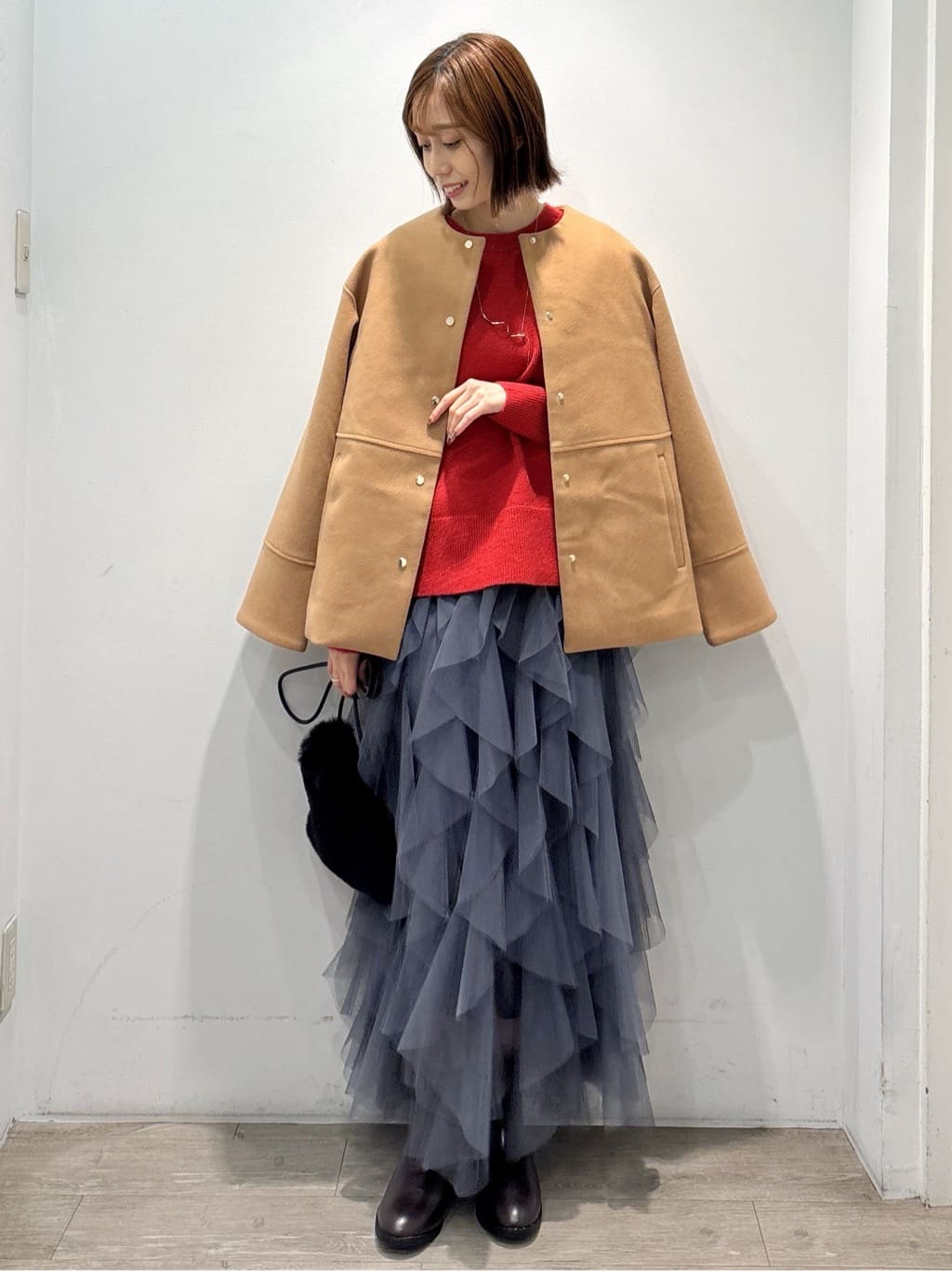 ぶまりんさんの「OPAQUE.CLIP｜ウールライクメルトンノーカラーコート【洗濯機洗い可】」を使ったコーディネート
