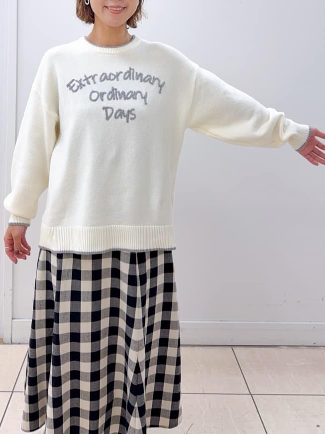 Osawaさんの「Dessin｜【洗える】ペイント風刺繍入り配色ラインニット」を使ったコーディネート
