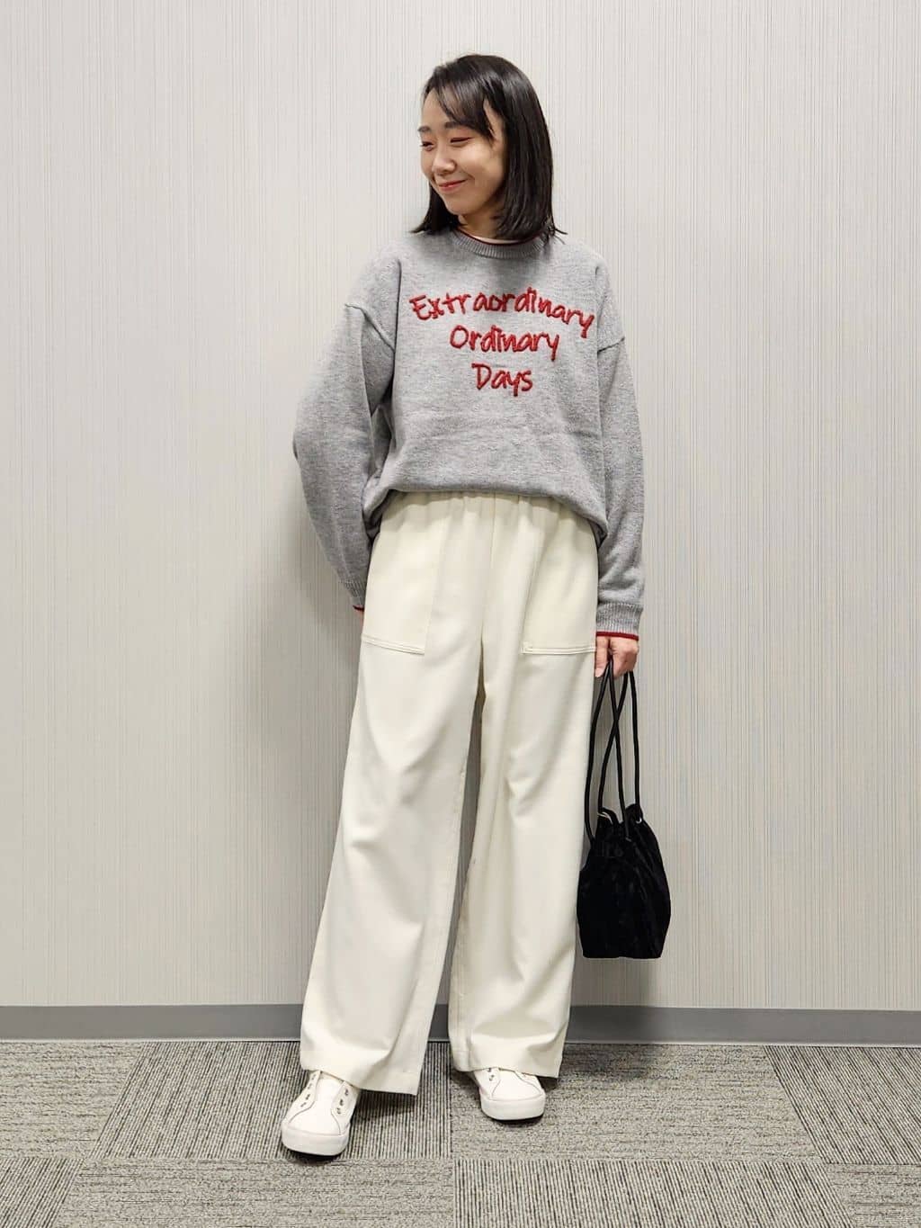 naraさんの「Dessin｜【洗える】ペイント風刺繍入り配色ラインニット」を使ったコーディネート