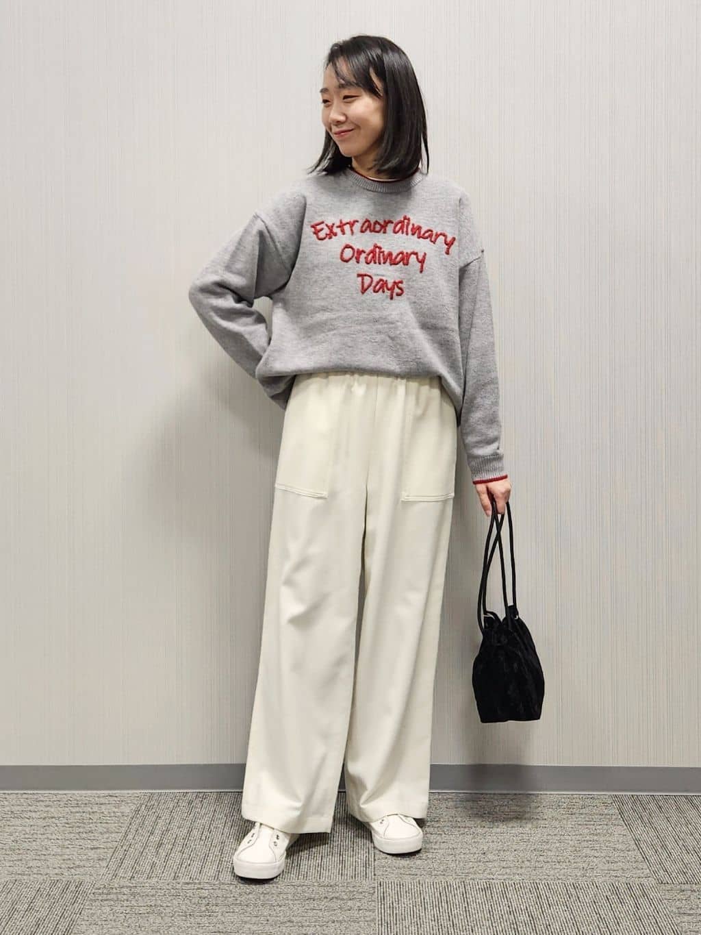 naraさんの「Dessin｜【洗える】ペイント風刺繍入り配色ラインニット」を使ったコーディネート