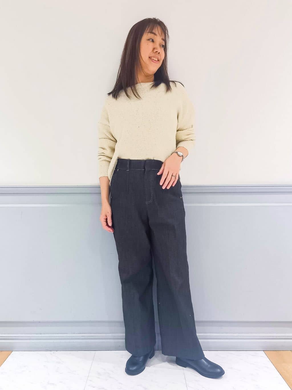 なっちゃんさんの「grove｜【人間工学/履き心地らくちん】ニットコンビブーツ」を使ったコーディネート