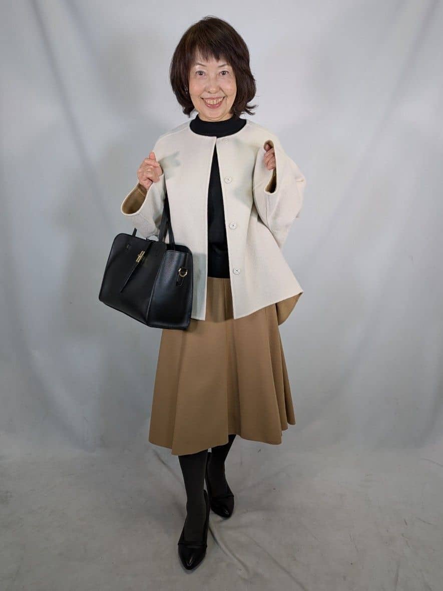 k.kazunoさんの「Reflect｜【秋映え／重ね着風スタイルに◎】フリルプリーツスリーブニット」を使ったコーディネート