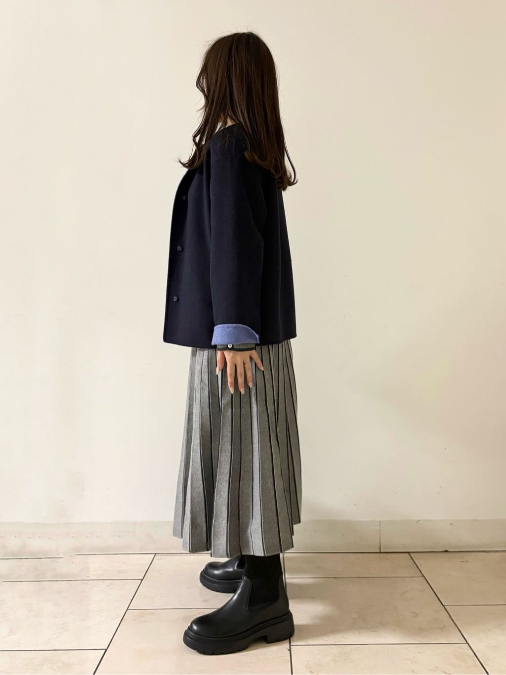 kahoさんの「INDIVI｜【配色デザイン／ショート丈】ウールリバー ノーカラーコート」を使ったコーディネート