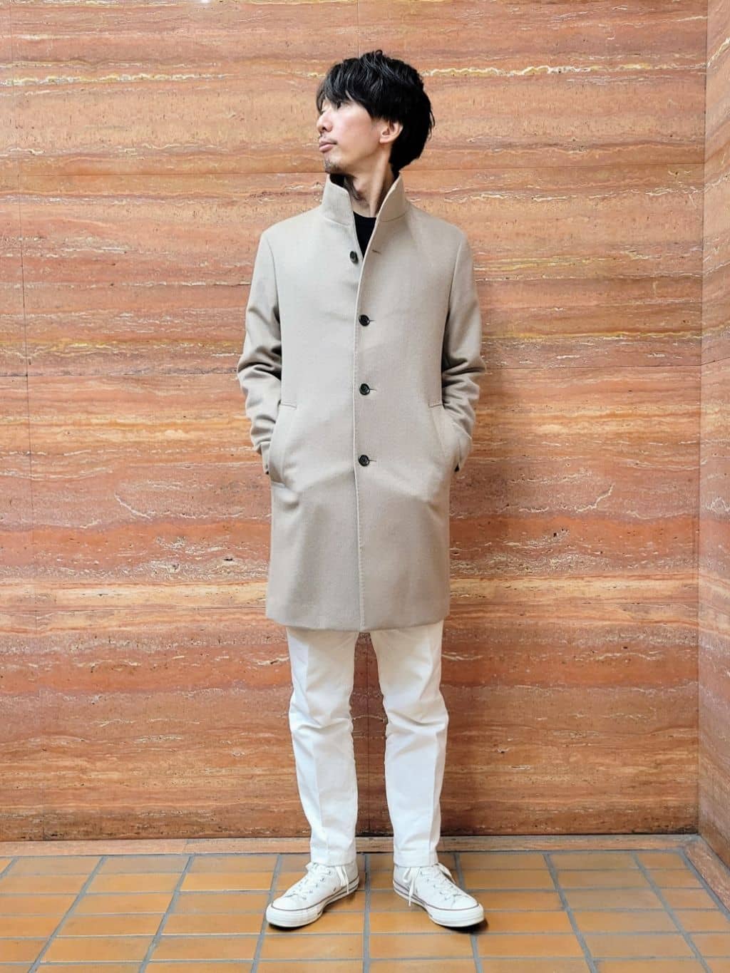 piroyaさんの「TAKEO KIKUCHI｜【ウールカシミヤブレンド】ビーバー調 スタンドカラー コート」を使ったコーディネート