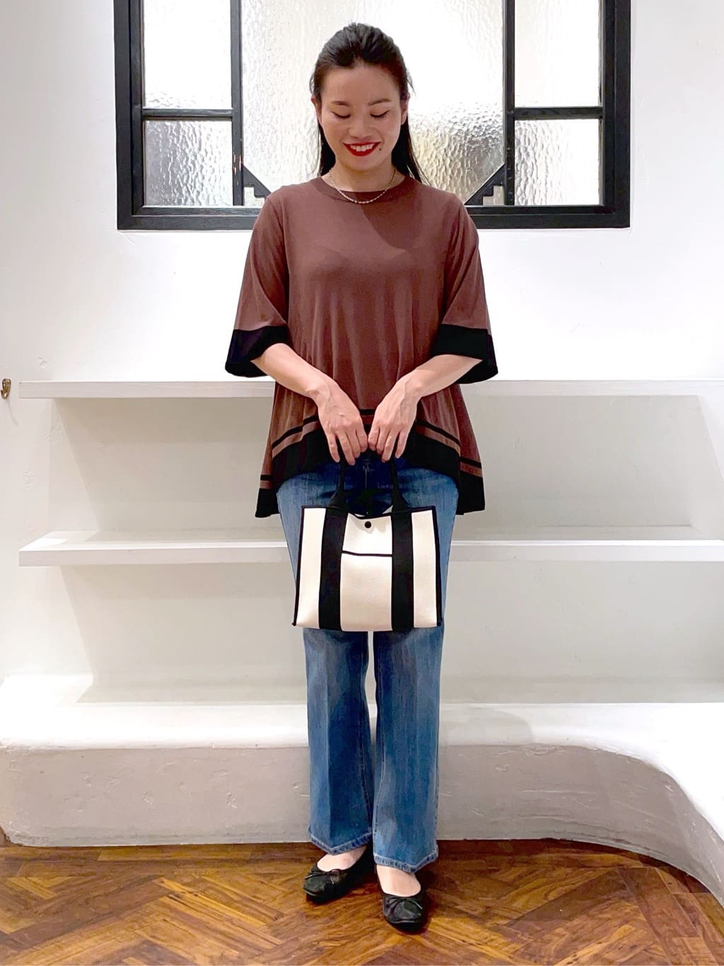 あんりさんの「grove｜涼やか体型カバー　配色シアーニットプルオーバー」を使ったコーディネート