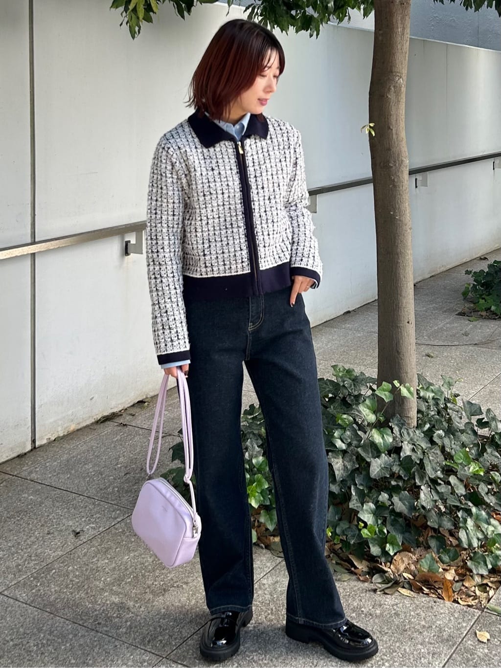 RINAさんの「OPAQUE.CLIP｜ツイードライクZIPニットカーディガン」を使ったコーディネート