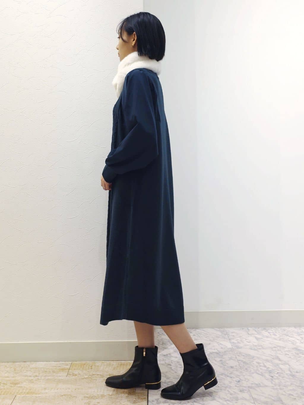 ケイさんの「grove｜一枚で華やぐ、袖布帛ケーブルニットワンピース」を使ったコーディネート