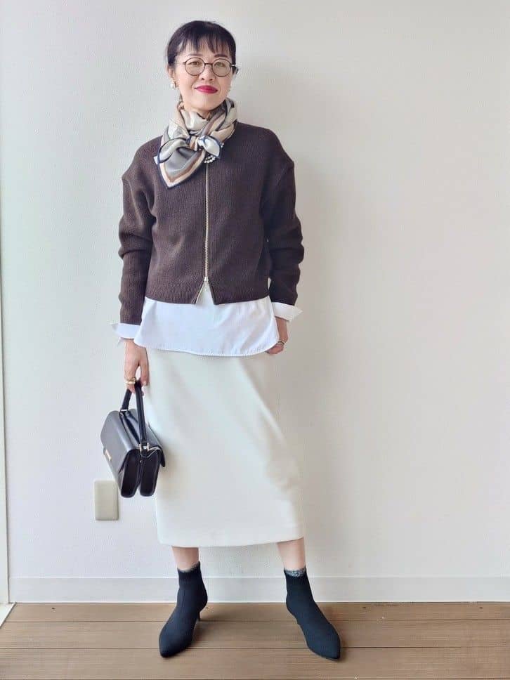 MUTSUKOさんの「UNTITLED｜【ゆったりサイズ／着丈短め】ジップニットカーディガン」を使ったコーディネート