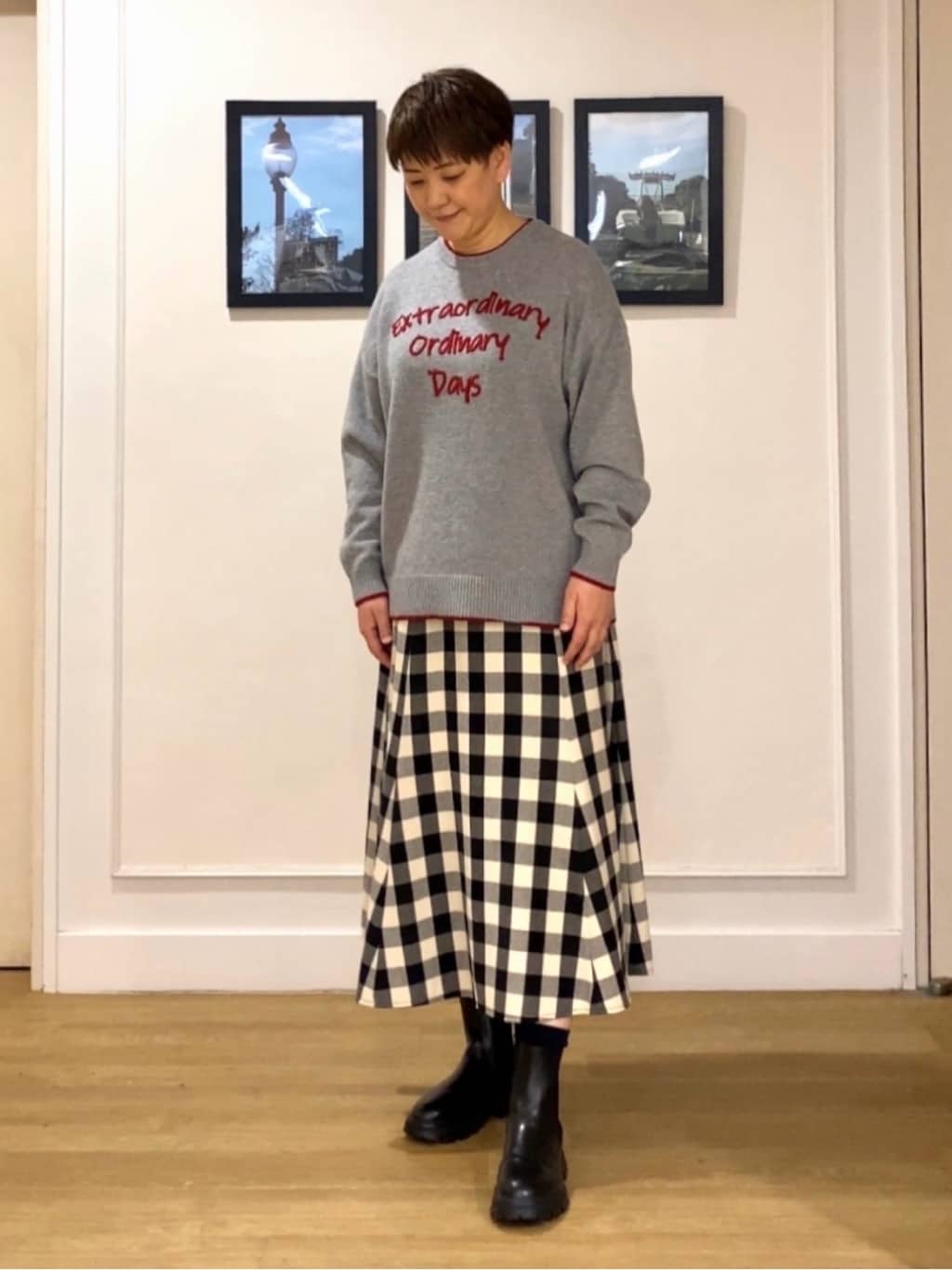 Hiroさんの「Dessin｜【洗える】ペイント風刺繍入り配色ラインニット」を使ったコーディネート
