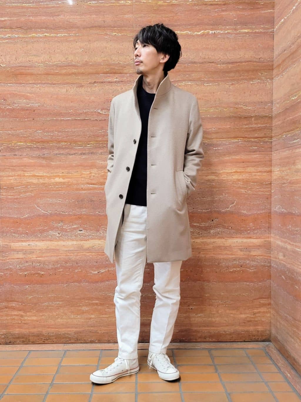 piroyaさんの「TAKEO KIKUCHI｜【ウールカシミヤブレンド】ビーバー調 スタンドカラー コート」を使ったコーディネート