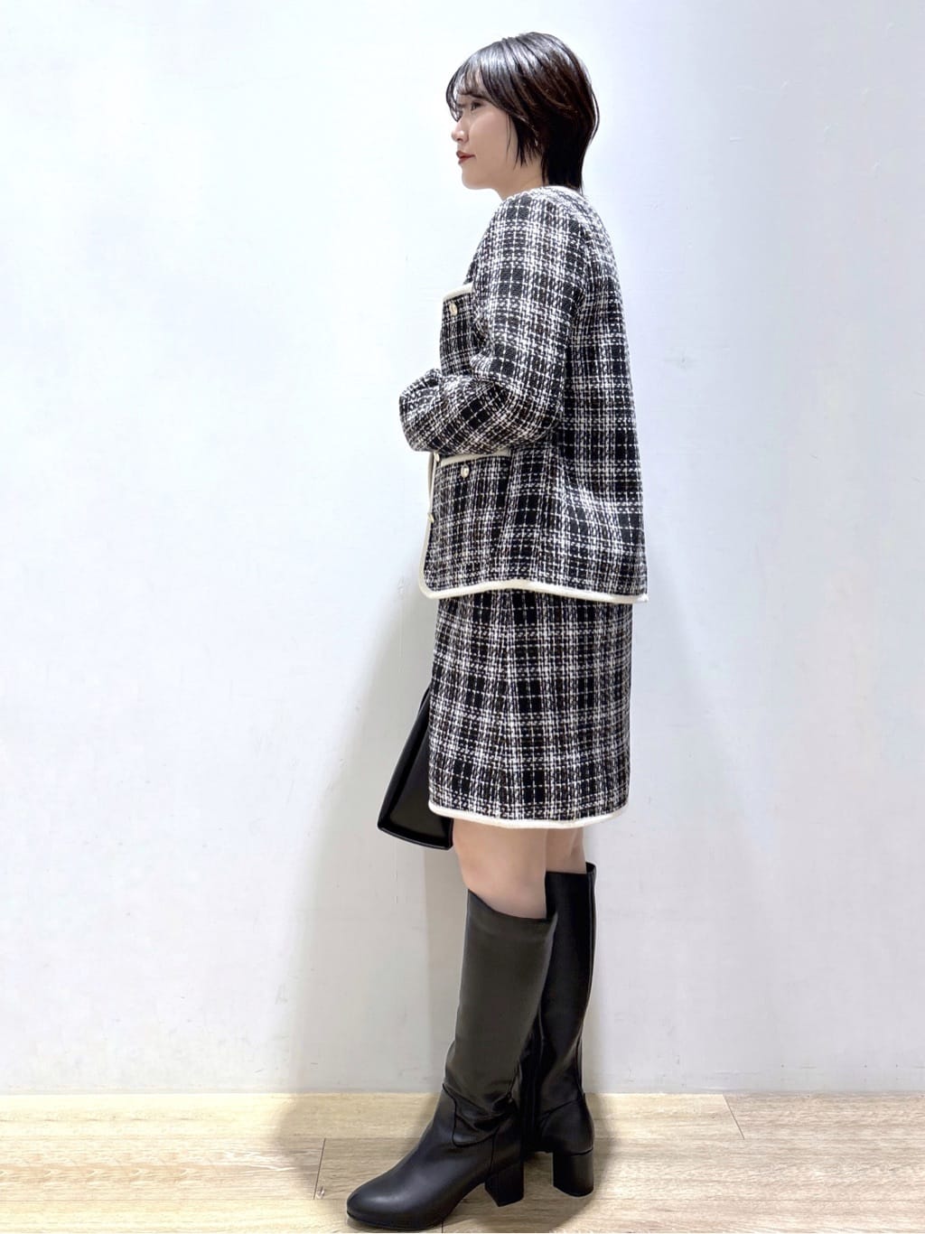 mizukiさんの「index｜チェックツイードジャケットコート／セットアップ対応【洗える】」を使ったコーディネート