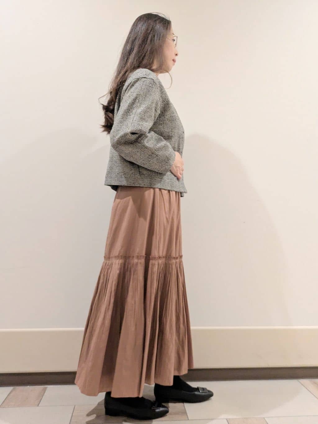 imamiさんの「Reflect｜【秋映え／重ね着風スタイルに◎】フリルプリーツスリーブニット」を使ったコーディネート