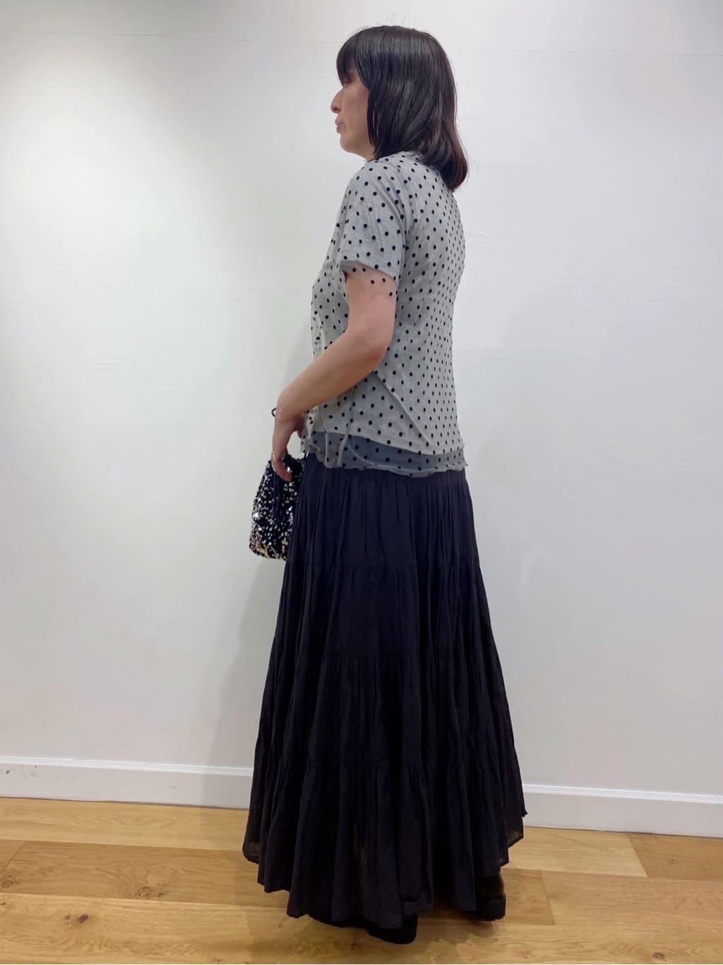 Sawaguchiさんの「DRESSTERIOR｜スパンコール2WAY巾着バッグ」を使ったコーディネート
