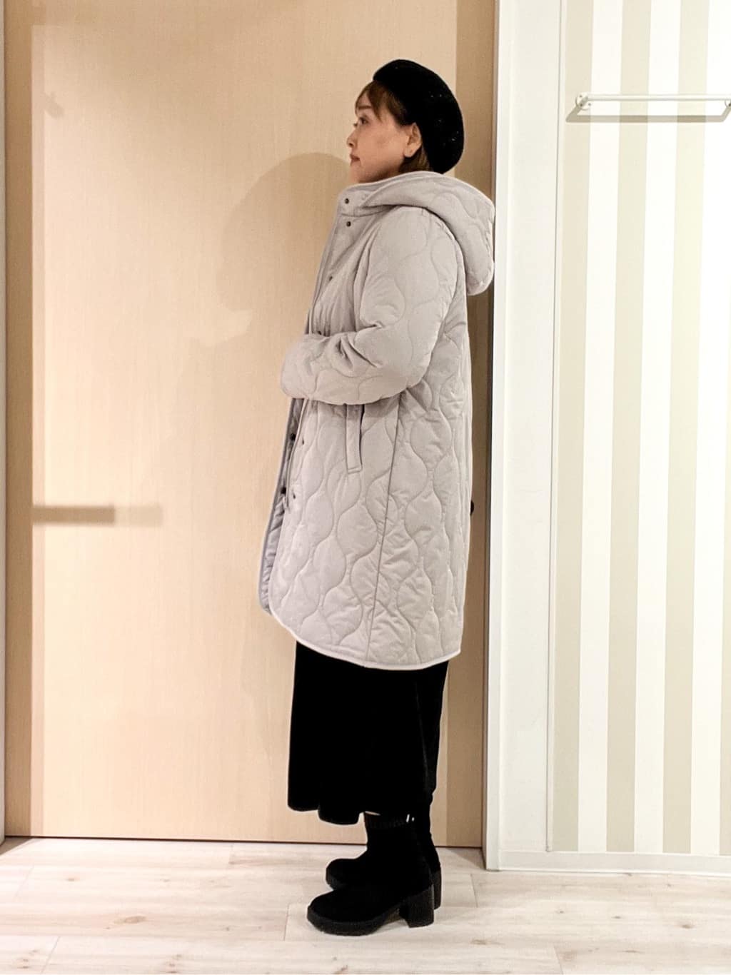 ぷくりんさんの「SHOO･LA･RUE｜【撥水/フード取り外し可】冬に嬉しいこだわり満載 ひょうたん柄キルトコート」を使ったコーディネート