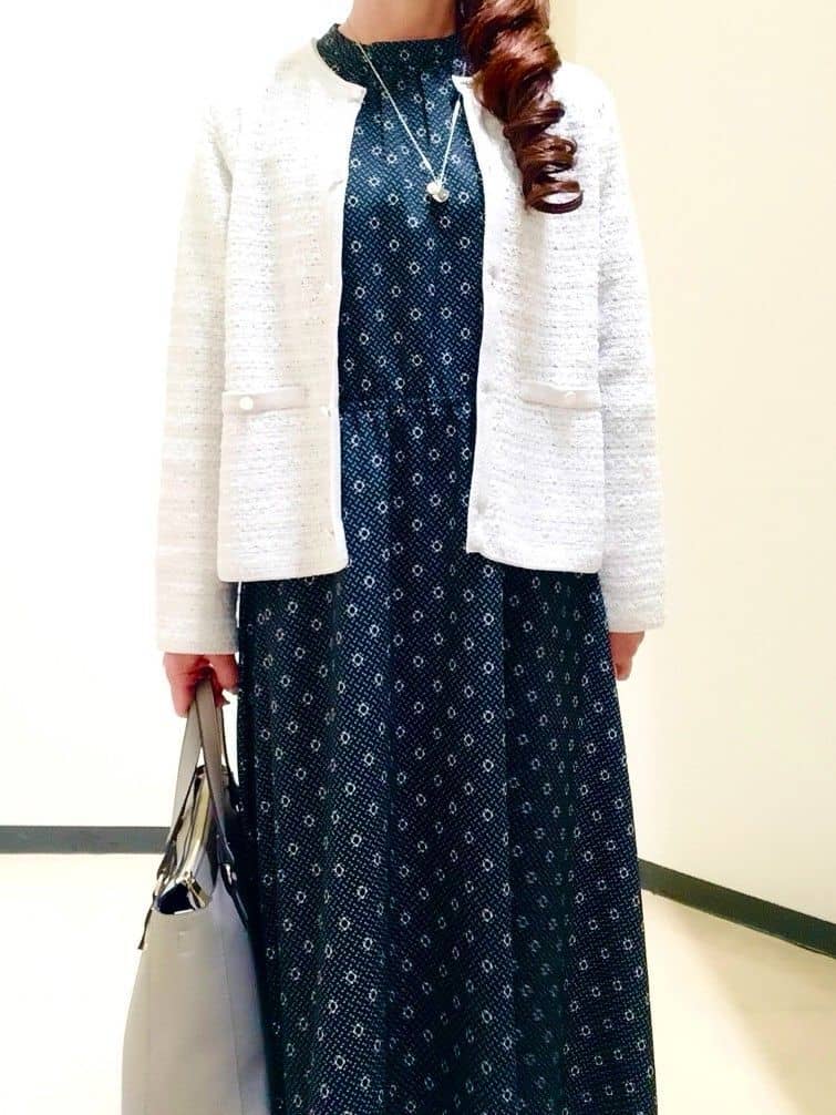 花さんの「Reflect｜【きちんと見え／通勤／セレモニーにおすすめ◎】ドット&times;ダイヤ柄ワンピース」を使ったコーディネート