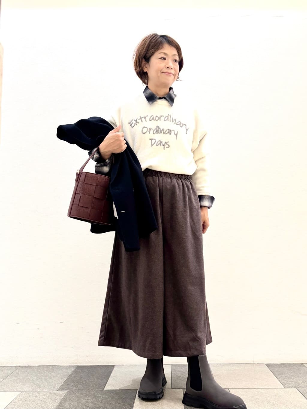 Haruさんの「Dessin｜【洗える】ペイント風刺繍入り配色ラインニット」を使ったコーディネート