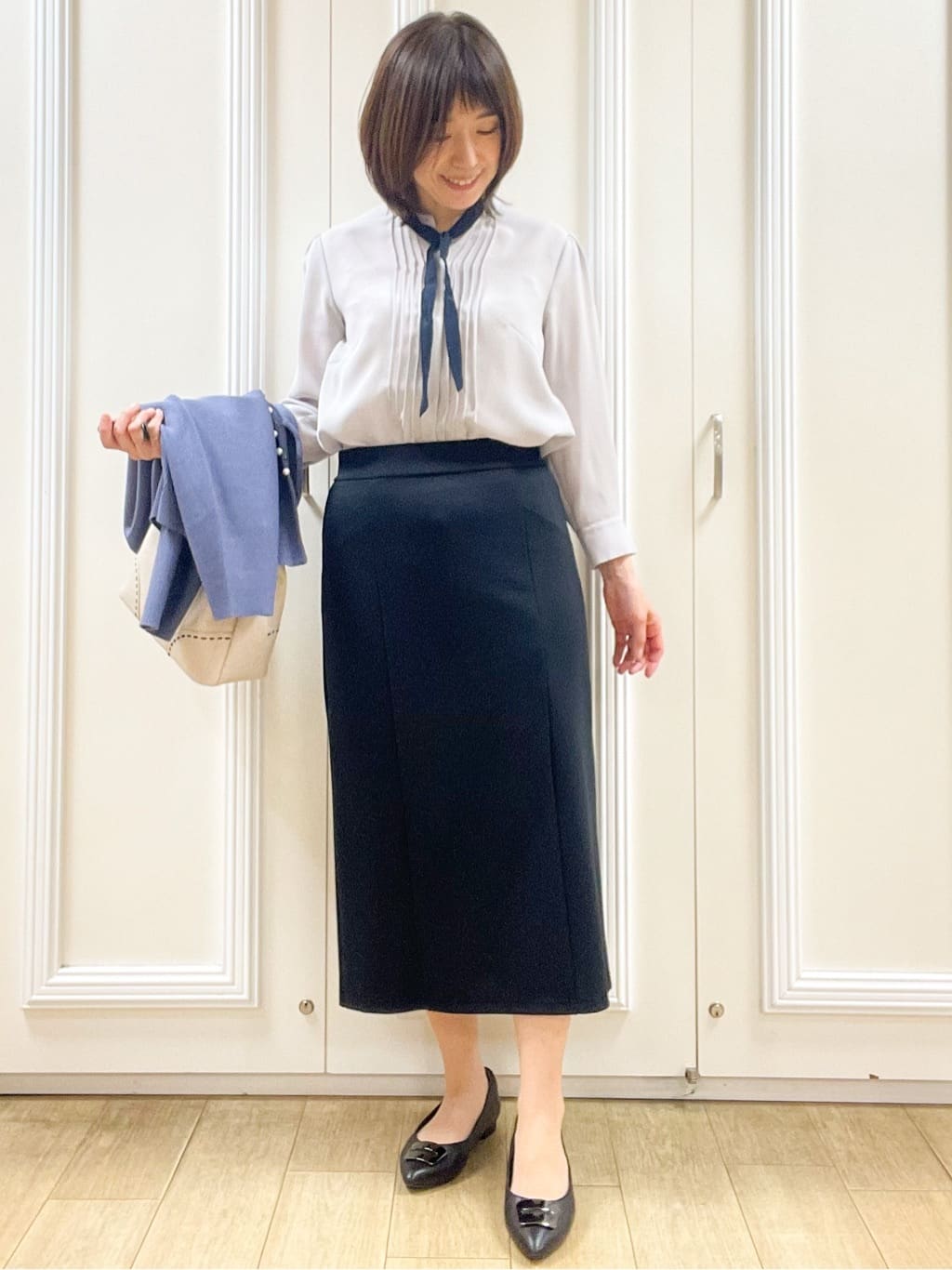 めいさんの「Reflect｜【配色ボウタイ付き】八分袖ジョーゼットブラウス」を使ったコーディネート