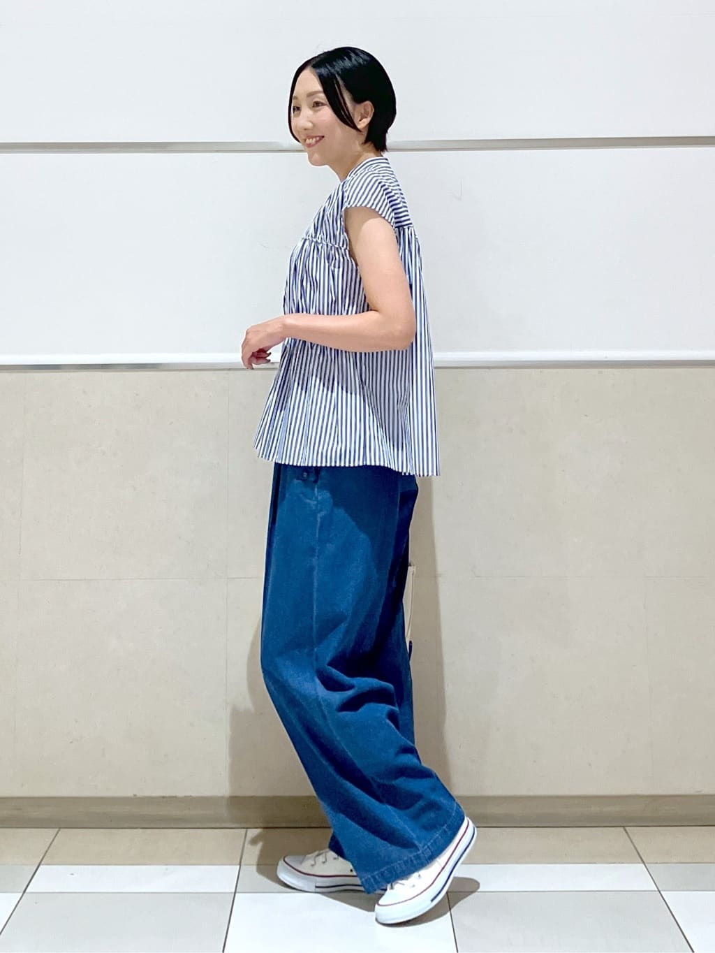 eriko さんの「Dessin｜【洗える】ストライプ柄ギャザーブラウス」を使ったコーディネート