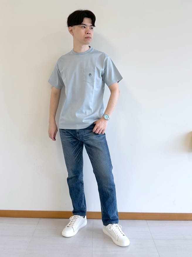 イッシーさんの「TAKEO KIKUCHI｜【COOL CITY WEAR】ワンポイント刺しゅう ポケットTシャツ /接触冷感」を使ったコーディネート