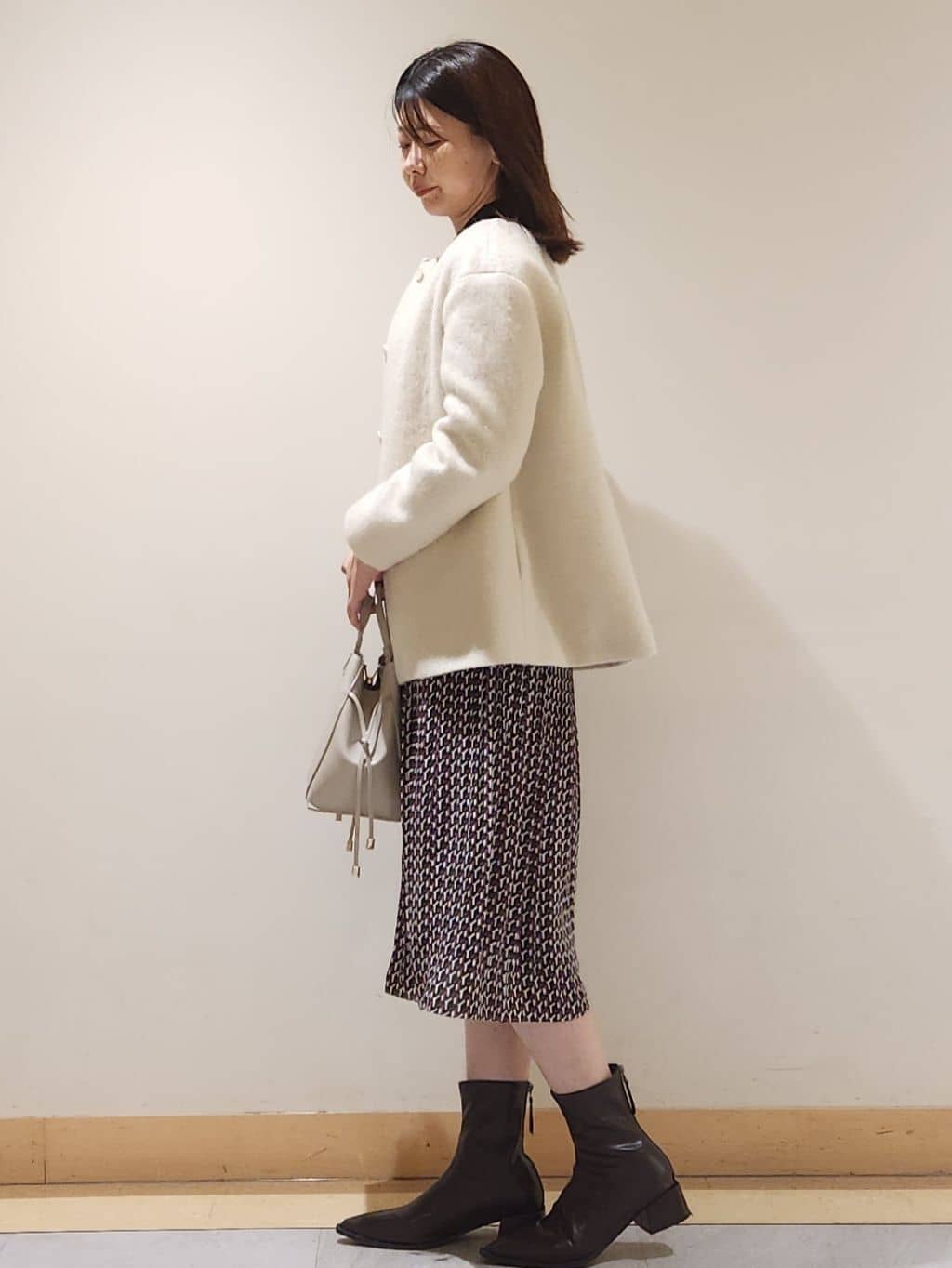 yukaさんの「COUP DE CHANCE｜【リボン取り外し可】幾何柄プリーツワンピース」を使ったコーディネート