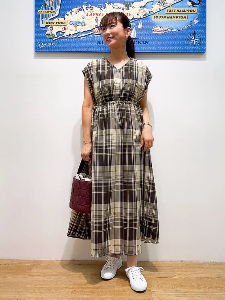 Yasucoさんの「Dessin｜【リンクコーデ・洗える】ウエストドロスト付きチェック柄ワンピース」を使ったコーディネート