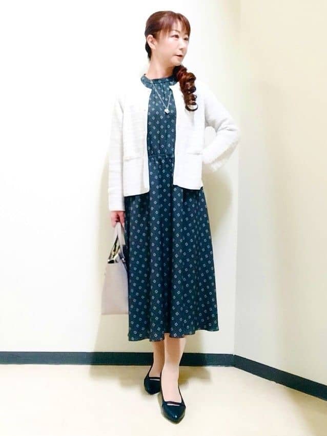 花さんの「Reflect｜【きちんと見え／通勤／セレモニーにおすすめ◎】ドット&times;ダイヤ柄ワンピース」を使ったコーディネート