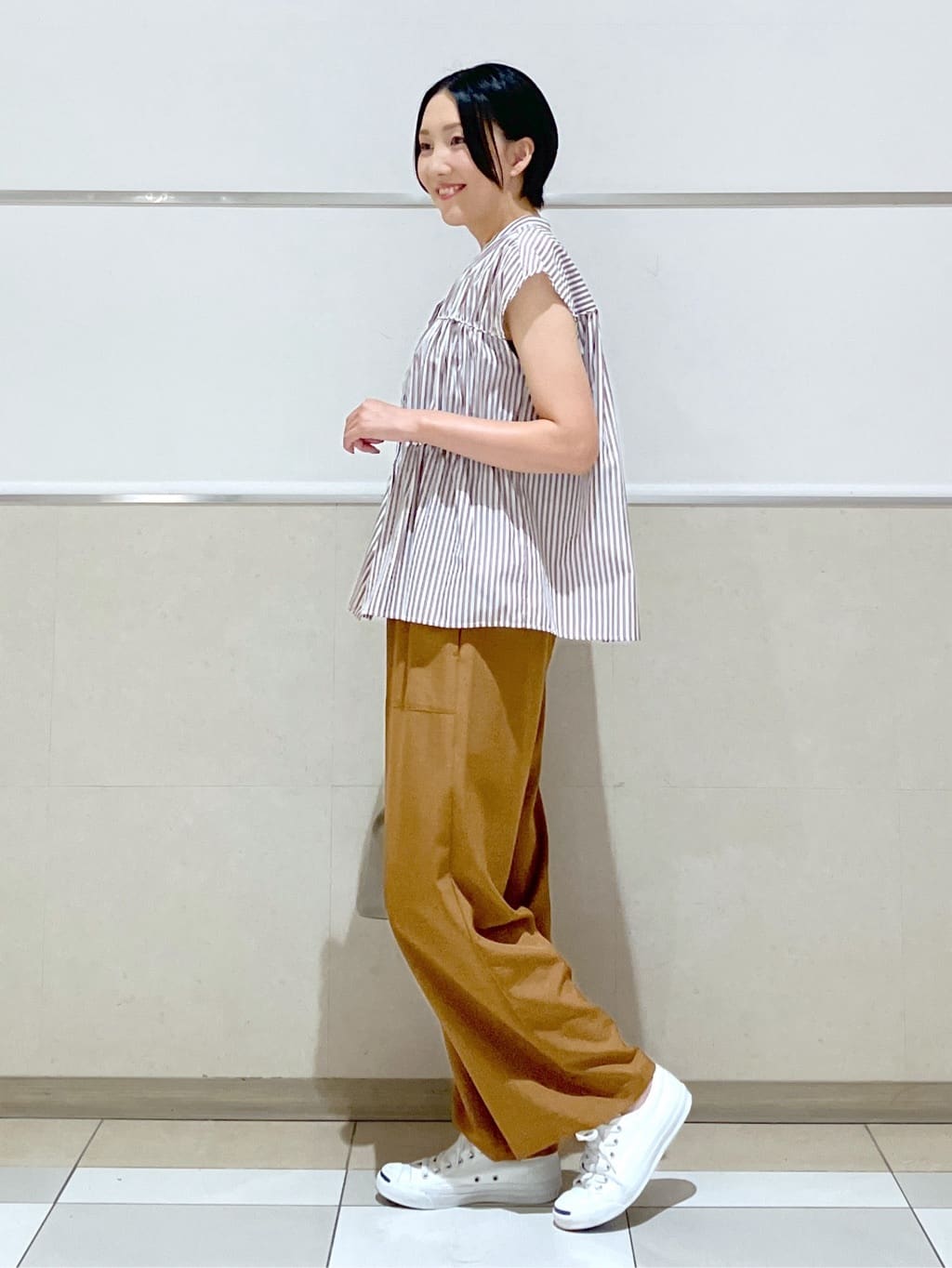 eriko さんの「Dessin｜【洗える】ストライプ柄ギャザーブラウス」を使ったコーディネート