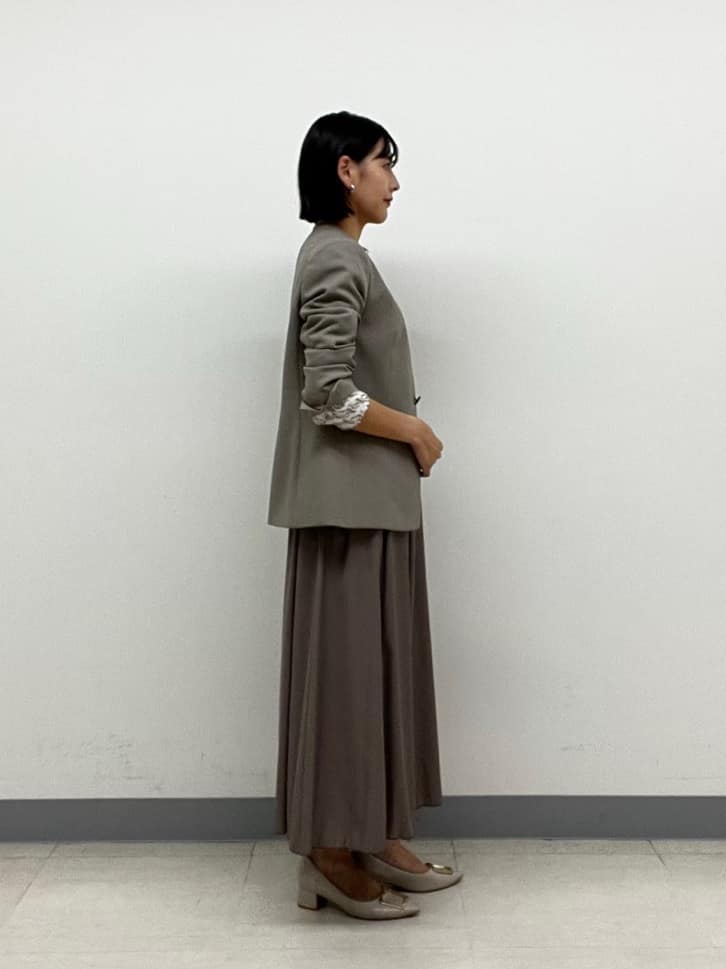 hinanoさんの「INDIVI｜【洗える／通勤／スーツ】メランジストレッチ ノーカラージャケット」を使ったコーディネート
