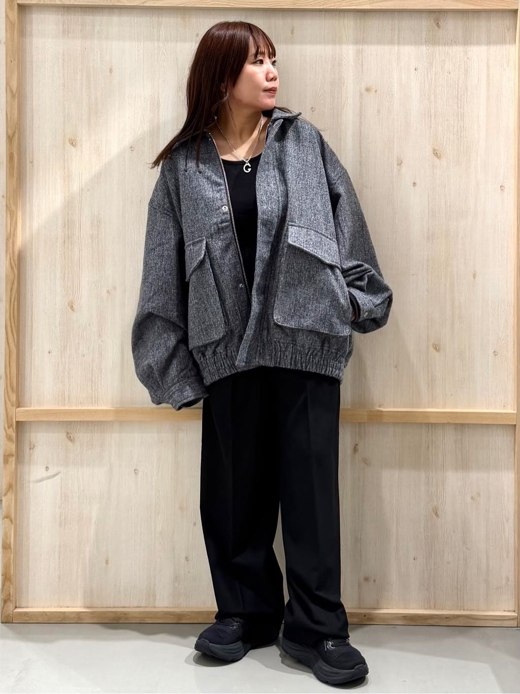 nanaさんの「THE SHOP TK｜ツイードフライトビッグブルゾン 【洗濯機OK／セットアップ可】」を使ったコーディネート