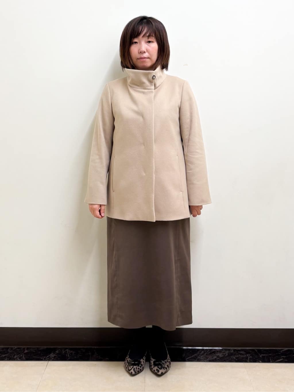 ミヨさんの「Reflect｜【SS-4Lサイズ／衿が顔に当たらない◎】スタンドネックミドルコート」を使ったコーディネート