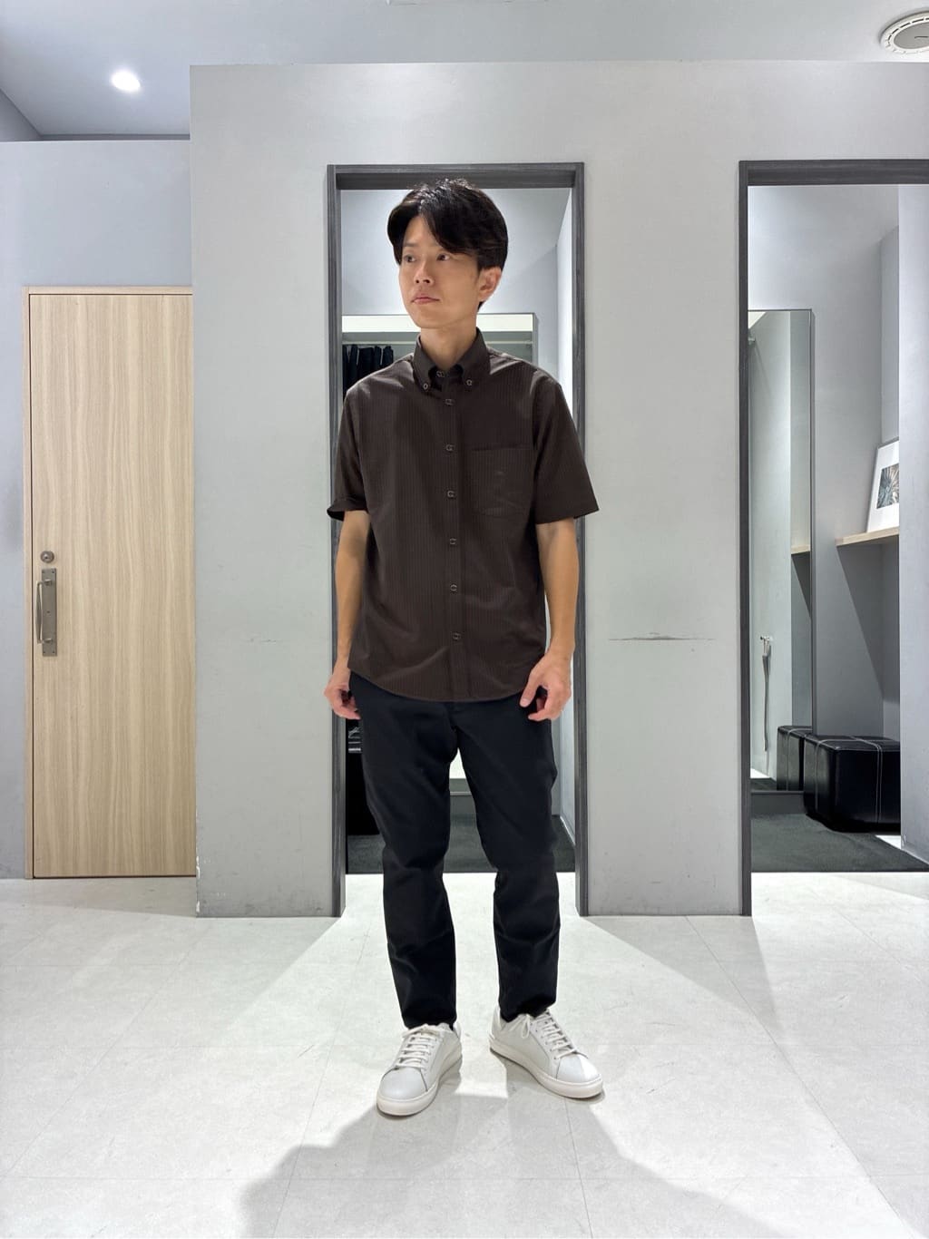 わいずみさんの「TAKEO KIKUCHI｜【COOL CITY WEAR】ストライプジャージ ボタンダウンシャツ /接触冷感」を使ったコーディネート