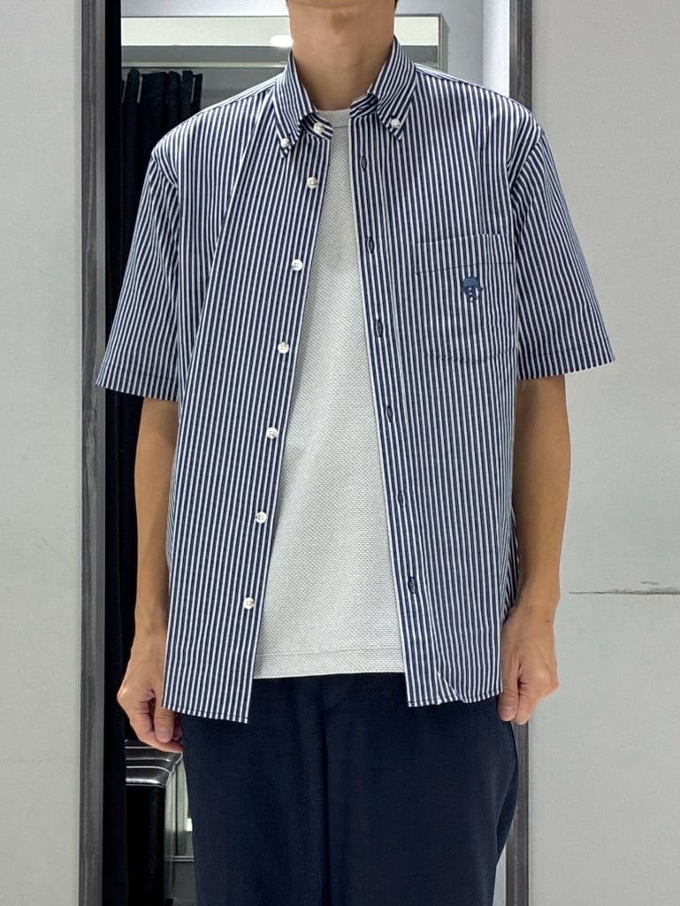わいずみさんの「TAKEO KIKUCHI｜【COOL CITY WEAR】ストライプジャージ ボタンダウンシャツ /接触冷感」を使ったコーディネート