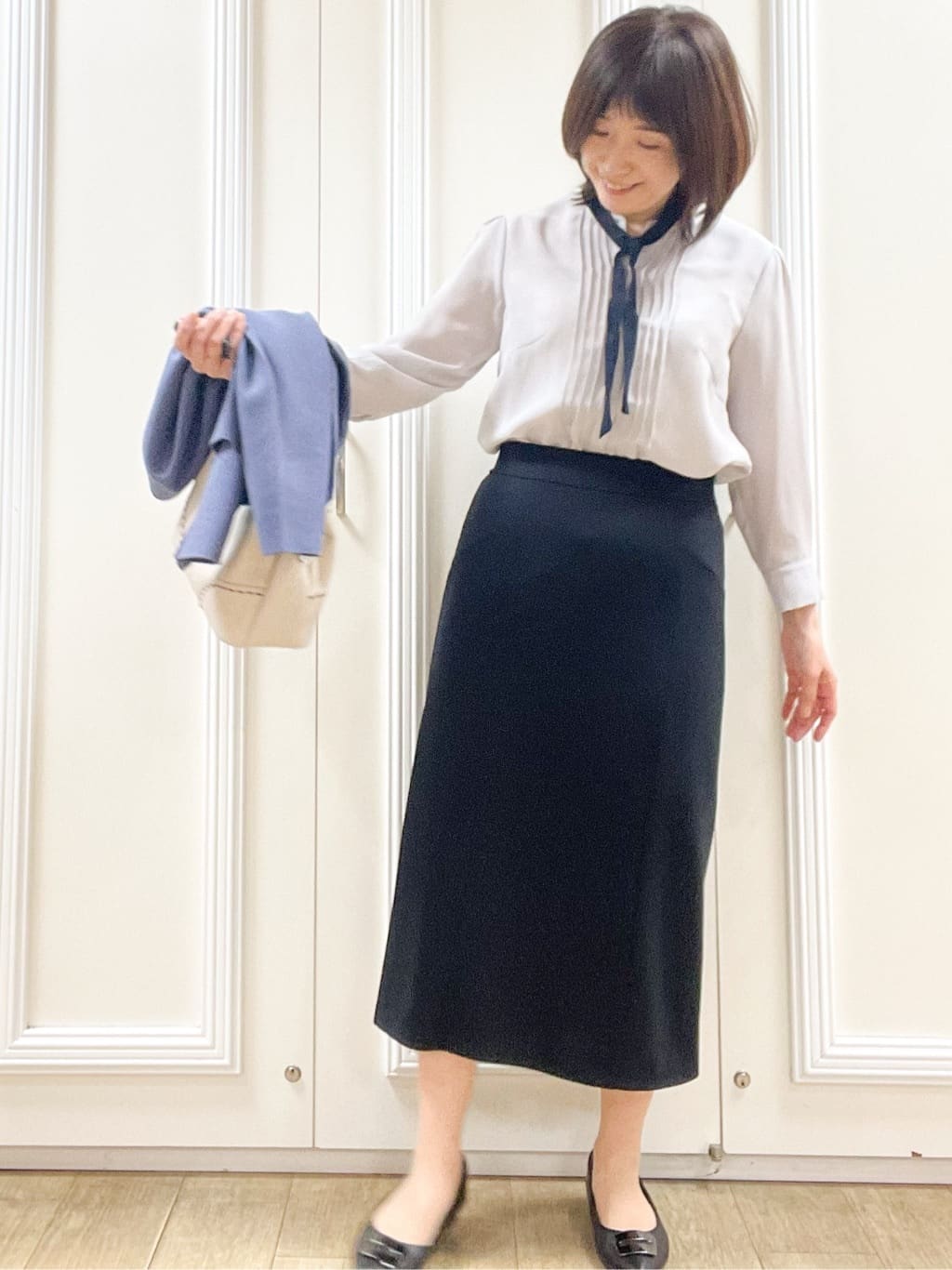 めいさんの「Reflect｜【配色ボウタイ付き】八分袖ジョーゼットブラウス」を使ったコーディネート