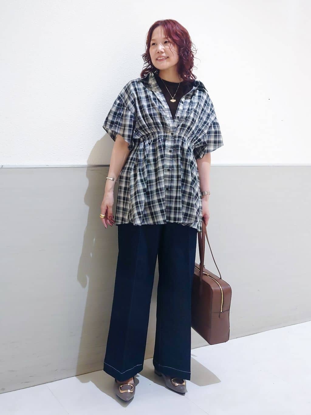 maruさんの「THE SHOP TK｜チェック柄チュニックブラウス」を使ったコーディネート
